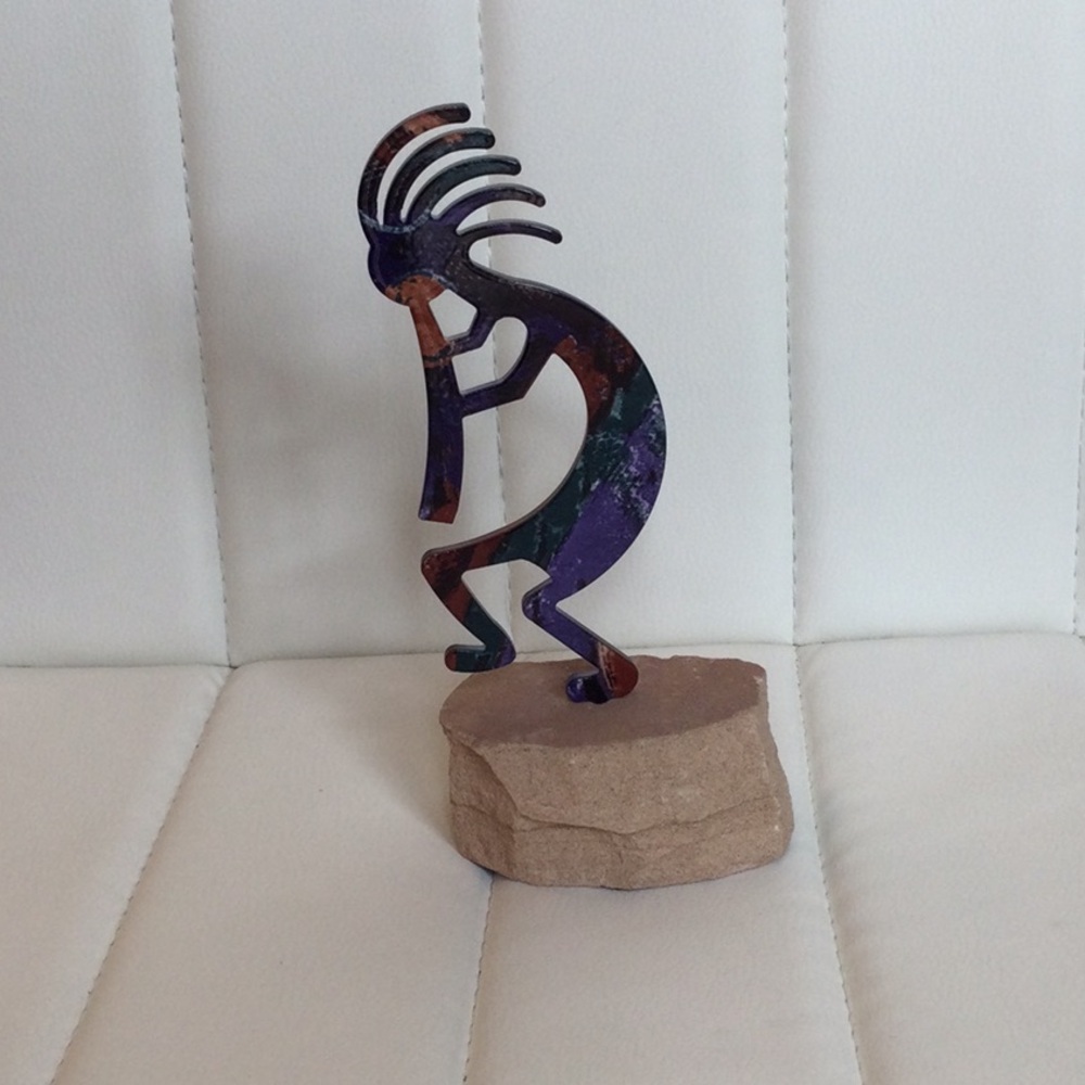 EUC Abstract Multicolor Kokopelli Flute Player Dancer Sculpture on Rock Stone